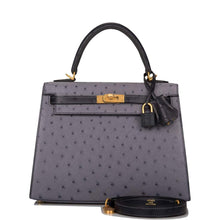 画像をギャラリービューアに読み込む, 【新品】エルメス ケリーセリエ25 |ホースシュー スタンプ (HSS)、バイカラー: グリ アゲートとブルー インディゴ、オーストリッチ レザー、ブラッシュ ゴールド ハードウェア