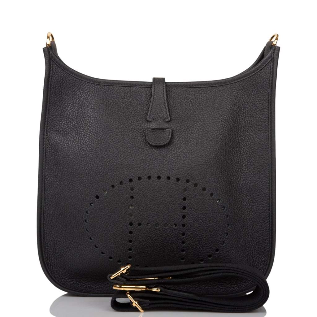 [New] Hermès Black Clemence Evelyne III PM Bag Gold Hardware
