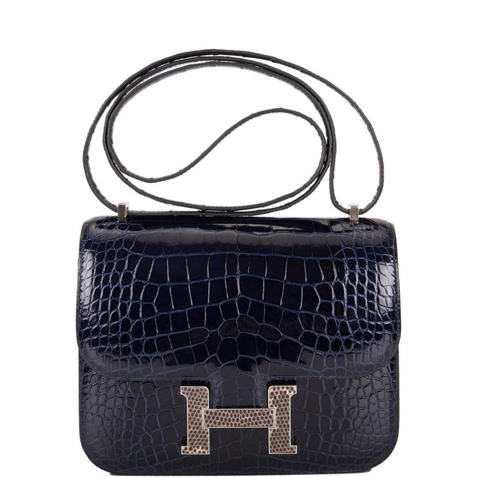 [New] Hermès Constance 18 | Bleu Marine Alligator and Ombre Lizard Marquette, Palladium Hardware