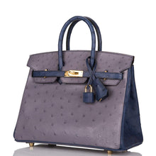 將圖片加載到圖庫查看器中， [New] Hermès HSS Bi-color Gris Agate and Bleu Iris Ostrich Birkin 25cm Gold Hardware
