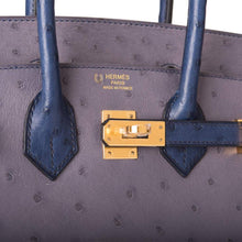 將圖片加載到圖庫查看器中， [New] Hermès HSS Bi-color Gris Agate and Bleu Iris Ostrich Birkin 25cm Gold Hardware

