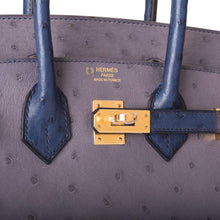 Muatkan imej ke dalam penonton Galeri, [New] Hermès HSS Bi-color Gris Agate and Bleu Iris Ostrich Birkin 25cm Gold Hardware

