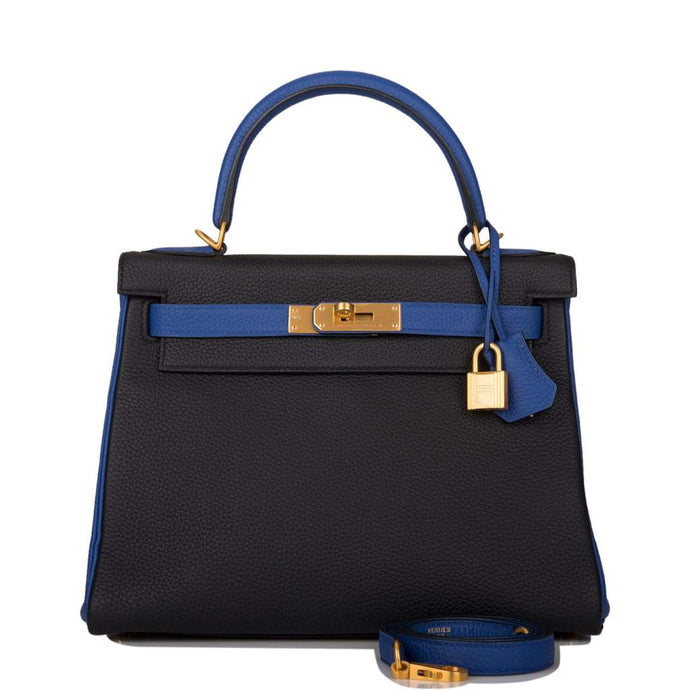 [NEW] Hermès Kelly Retourne 28 | Horseshoe Stamp (HSS), Bi-Color Black and Bleu Electric, Clemence Leather, Brushed Gold Hardware