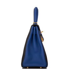 Load image into Gallery viewer, [NEW] Hermès Kelly Retourne 28 | Horseshoe Stamp (HSS), Bi-Color Black and Bleu Electric, Clemence Leather, Brushed Gold Hardware
