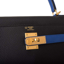 Load image into Gallery viewer, [NEW] Hermès Kelly Retourne 28 | Horseshoe Stamp (HSS), Bi-Color Black and Bleu Electric, Clemence Leather, Brushed Gold Hardware
