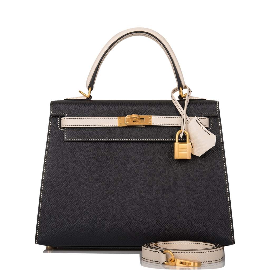 [NEW] Hermès Kelly Sellier 25 | Horseshoe Stamp (HSS), Bi-Color: Noir and Craie, Epsom Leather, Brushed Gold Hardware