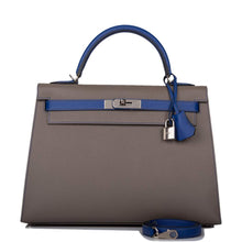 Load image into Gallery viewer, [NEW] Hermès Kelly Sellier 28 | Horseshoe Stamp (HSS), Bi-Color: Etain and Bleu Electric, Palladium Hardware
