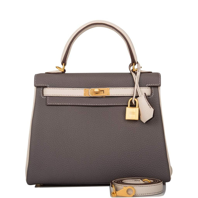 [NEW] Hermès Kelly Retourne 25 | Horseshoe Stamp (HSS), Bi-Color: Etain and Craie, Togo Leather, Brushed Gold Hardware