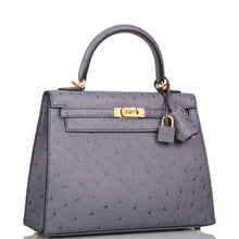 Load image into Gallery viewer, [NEW] Hermès Kelly Sellier 25 | Horseshoe Stamp (HSS), Bi-Color: Gris Agate and Bleu Electric, Ostrich Leather, Brushed Gold Hardware
