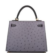 Load image into Gallery viewer, [NEW] Hermès Kelly Sellier 25 | Horseshoe Stamp (HSS), Bi-Color: Gris Agate and Bleu Indigo, Ostrich Leather, Brushed Gold Hardware
