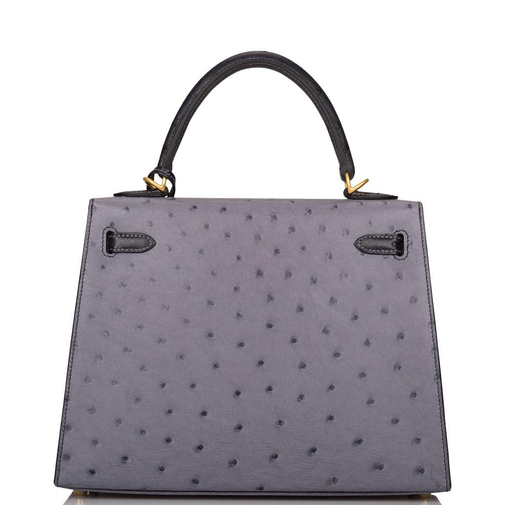 HERMÈS HSS Special Order Ostrich Kelly 25 handbag in Gris Agathe and Bleu  Indigo with Brushed Palladium hardware-Ginza Xiaoma – Authentic Hermès  Boutique