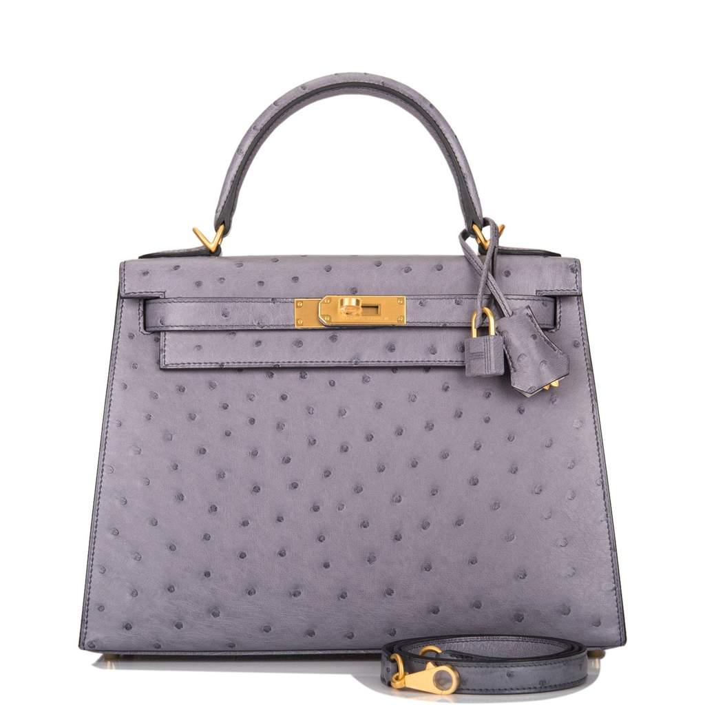 [NEW] Hermès Kelly Sellier 28 | Horseshoe Stamp (HSS), Bi-Color Gris Agate Ostrich & Gris Perle Togo Leather, Brushed Gold Hardware
