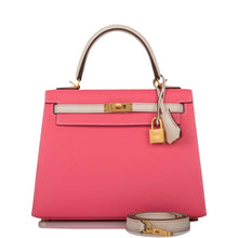 Load image into Gallery viewer, [NEW] Hermès Kelly Sellier 25 | Horseshoe Stamp (HSS), Bi-Color: Rose Azalee and Craie, Epsom Leather, Brushed Gold Hardware
