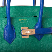 Load image into Gallery viewer, [New] Hermès Horseshoe Stamp (HSS) Bi-Color Vert Vertigo and Bleu Electric Chevre Birkin 25cm Rose Gold Hardware
