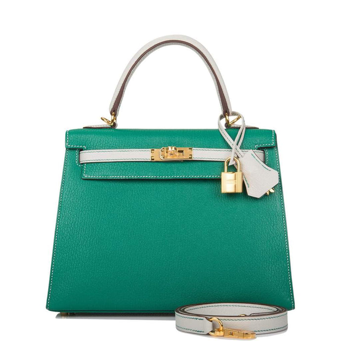 [NEW] Hermès Kelly Sellier 25 | Horseshoe Stamp (HSS), Bi-Color Vert Vertigo and Gris Perle, Chevre Leather, Gold Hardware