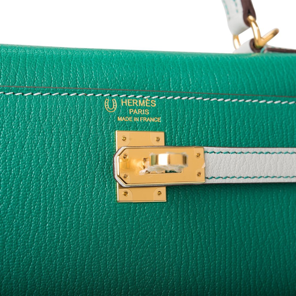 [NEW] Hermès Kelly Sellier 25 | Horseshoe Stamp (HSS), Bi-Color Vert  Vertigo and Gris Perle, Chevre Leather, Gold Hardware