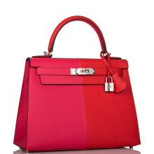Load image into Gallery viewer, [NEW] Hermès Kelly Sellier 28 | Tri-Color Rouge Casaque, Rose Extreme and Bleu Zanzibar Epsom Leather, Palladium Hardware
